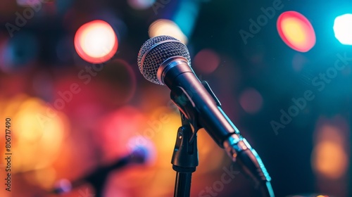A microphone is pointed at a blurry background photo