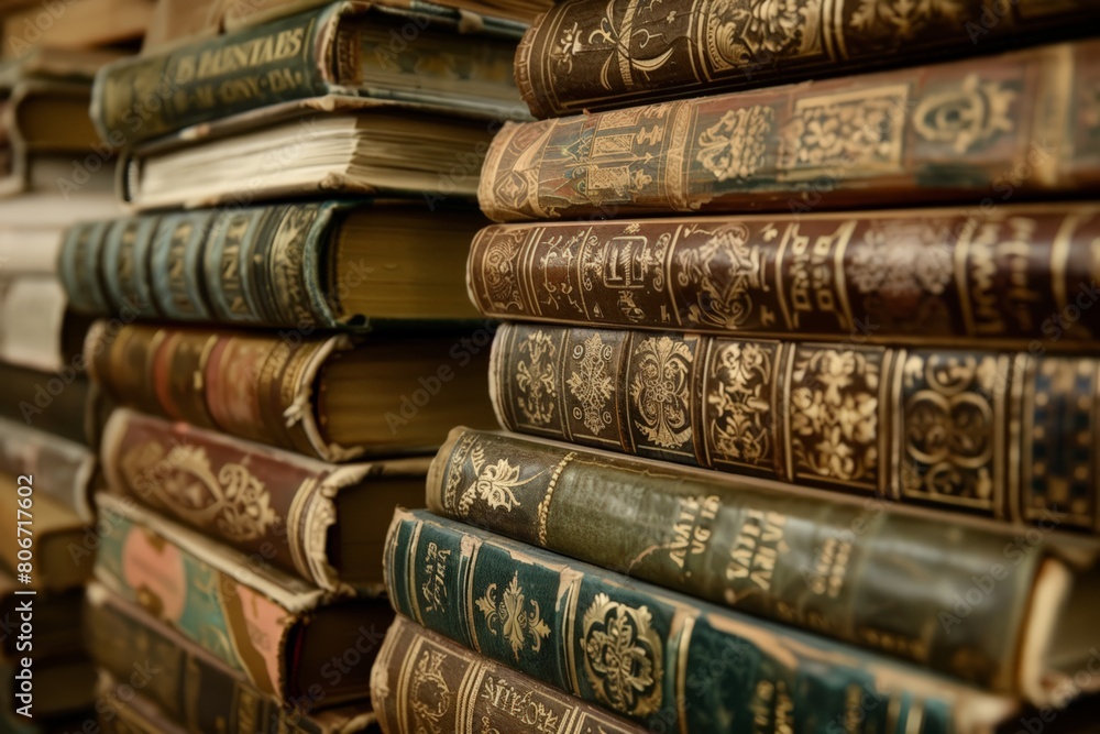 A stack of old books with gold embossing and leather binding A stack of old books with gold embossing and leather binding
