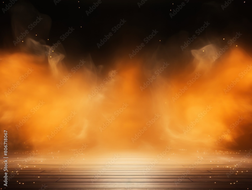 Orange smoke empty scene background with spotlights mist fog with gold glitter sparkle stage studio interior texture for display products blank 