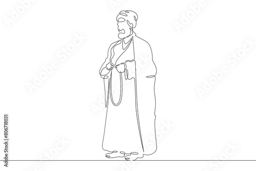 Muslim priest, Islamic clergyman. Male priest in full length in religious vestments. Religion. One continuous line. Line art. Minimum one line. White background. One line drawing.