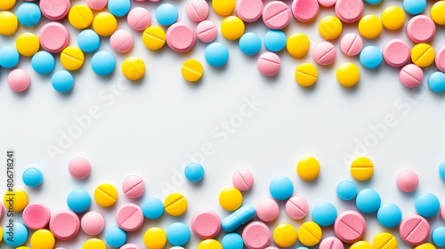 Top-down view of Pills in different colors spread on a white surface