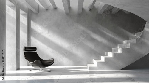 modern minimalist interior with an armchair and stairs in black and white tones, the concept of asceticism on the play of lines and light photo