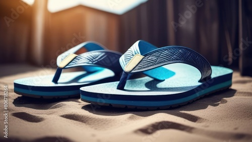 pair of blue flip-flops laid gently on a sandy beach. The texture of the sand and the vivid color of the flip-flops evoke a sense of summer relaxation. Ideal for representing vacation or beach life photo