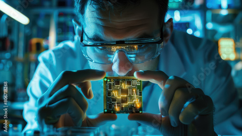 scientist holds in hands a high-tech nano chip, quantum computer, matrix, technology, science, laboratory, programmer, engineer, development, future, detail, electronic, device, digital, cyber, man © Julia Zarubina