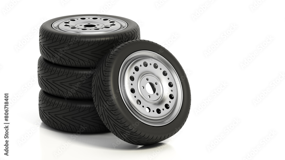 Obraz premium Car tires and wheels isolated on white background. 3D illustration