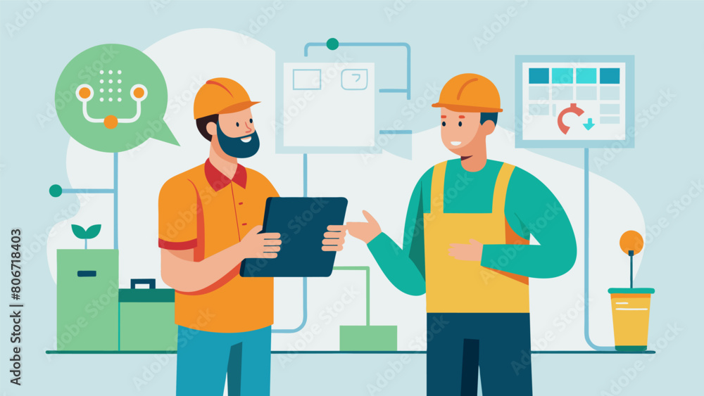 Two architects discussing the progress of the plumbing and electrical systems coordinating with contractors to address any potential issues.. Vector illustration Two architects discussing the progress of the plumbing and electrical systems coordinating with contractors to address any potential issues.. Vector illustration