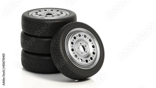 Car tires and wheels isolated on white background. 3D illustration