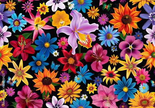 Vibrant seamless pattern with assorted flowers on a black backdrop