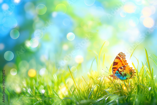 Spring or summer nature background with green grass and butterfly