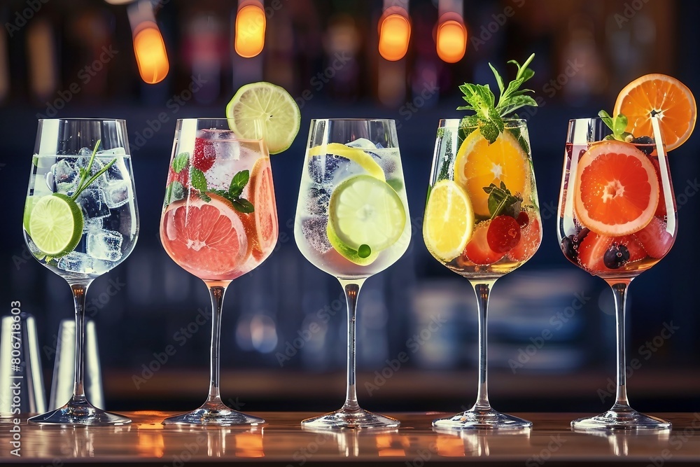 Five colorful gin tonic cocktails in wine glasses on bar counter in pup or restaurant. generative ai.