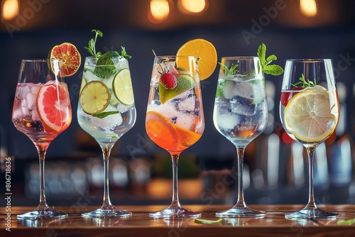Five colorful gin tonic cocktails in wine glasses on bar counter in pup or restaurant. generative ai.
