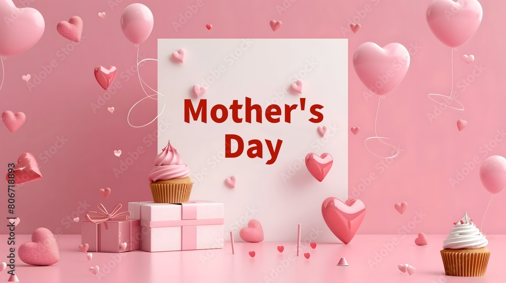 Mother's Day 3D Pink Banner with Heart Balloons, Cupcake, and Gift Box Mother's Day 3D Pink Banner with Heart Balloons, Cupcake, and Gift Box