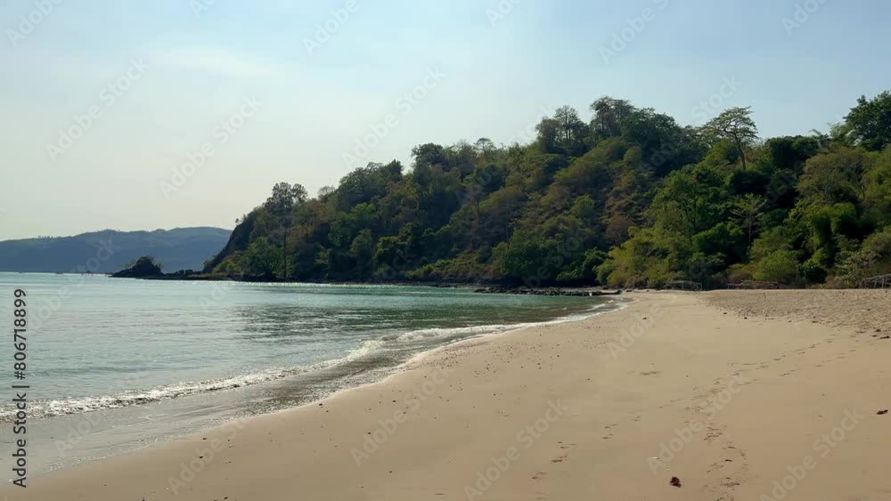 A beach with a rocky shoreline and a forest in the background. The beach is empty and the sky is clear A beach with a rocky shoreline and a forest in the background. The beach is empty and the sky is clear