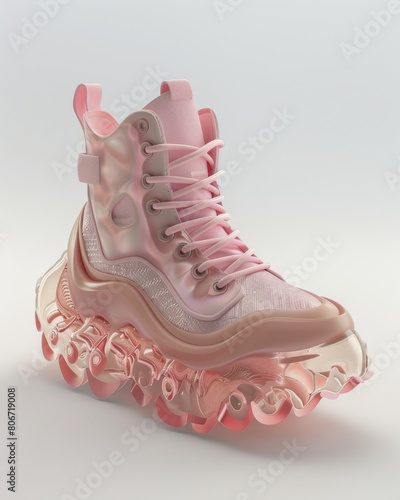 3D rendered sneakers with a creative designed orthopedic sole, ad mockup isolated on a white and gray background.