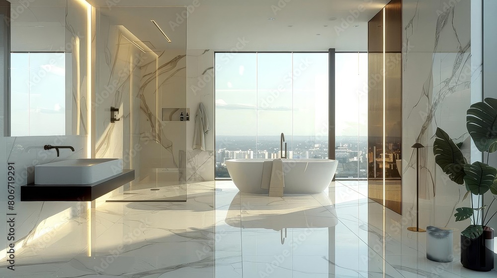 luxurious bathroom with minimalist design featuring a white sink, black faucet, and large mirror, complemented by a green plant and white walls and floor luxurious bathroom with minimalist design featuring a white sink, black faucet, and large mirror, complemented by a green plant and white walls and floor