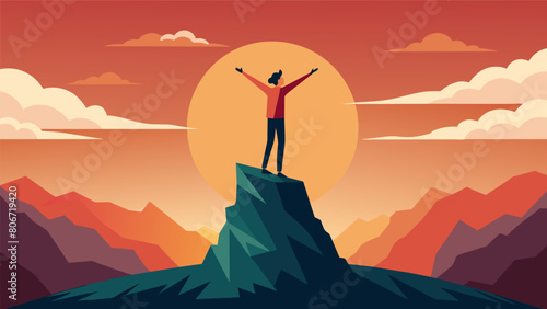 A person stands tall on a rocky cliff their body reaching towards the sun as it begins its ascent into the sky.. Vector illustration