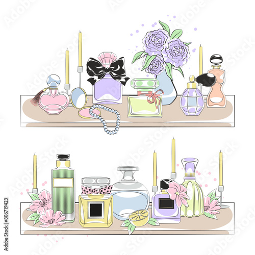 Shelves with perfumes. Different glass bottles with eau de toilette, designer fragrance flasks, body colognes jars, glamour container with aroma liquid, luxury cosmetic, tidy vector concept