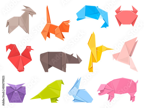Paper origami animals and birds. Folded colored sheets, fauna decorative shapes, low polygonal toys simple design, japanese hobby and art, pig, cat and crab, cartoon flat isolated vector set
