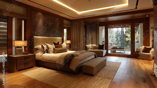 master bedroom with elegant interior design featuring a wood bed with white and brown pillows  a headboard  and a brown blanket the room is illuminated by two lamps  one on either side