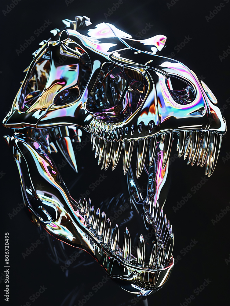 Obraz premium Black 3d render of holographic chrome futuristic dinosaur skull, front view, open mouth, big teeth, macro closeup of black displaying white iridescent holographic foil in style of black background