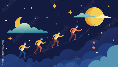 As day turns to night the teams continue their grueling journey guided only by the stars above and their unwavering determination.. Vector illustration