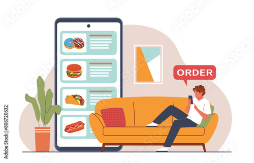 Fast food ordering app. Guy lying on couch and making remote order in mobile application, grocery delivery at home, smartphone app, cartoon flat style isolated nowaday vector concept