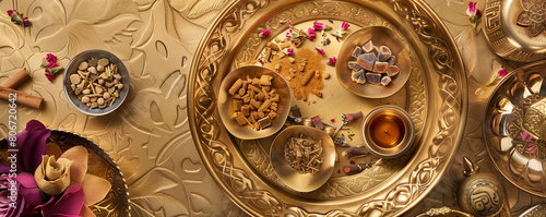Regal Display of Traditional Pastries and Teacups on Golden Tray