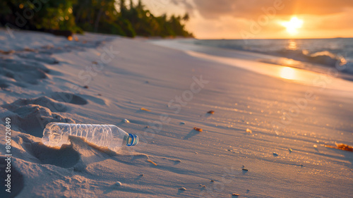 Plastic bottle trash on white sand beach, Deep of field
Climate change and Environmental conservation concept by supporting the use of naturally degradable materials photo