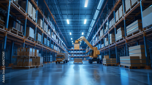 Futuristic robot arm sorting boxes in a high-tech distribution warehouse facility