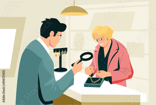 Sell and buy in pawn shop, seller and buyer. Vector of antique buy jewellery, price precious illustration