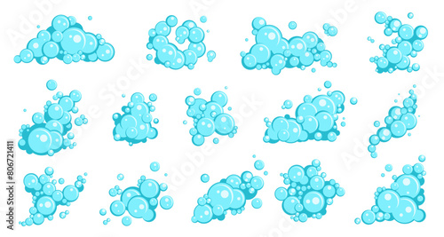 Cartoon flat blue soap foam bubbles. Bath shampoo suds, shower gel, foam party elements, different bubbles compositions. Soapy clean froth isolated elements, hygiene product, nowaday vector set