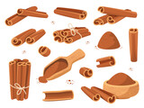 Cartoon cinnamon sticks with powder. Sweet cooking and bakery spices, organic aroma elements, fragrant bark rolled into tubes, coffee condiment, ingredient culinary, vector isolated set