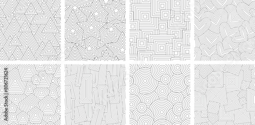 Black and white seamless pattern for coloring book in doodle style. Circles, triangles, quadrangles, hexagons, hearts, polygons, crosses.