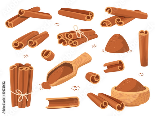 Cartoon cinnamon sticks with powder. Sweet cooking and bakery spices, organic aroma elements, fragrant bark rolled into tubes, coffee condiment, ingredient culinary, vector isolated set