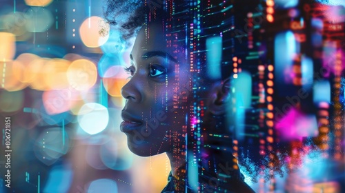  A black woman in profile with computer code and data visualizations overlaying her face  overlaying digital elements