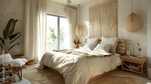 minimalist bedroom with organic linens and textures featuring a white bed with white pillows, a brown rug, and a wood chair the room is accented with a green plant, a