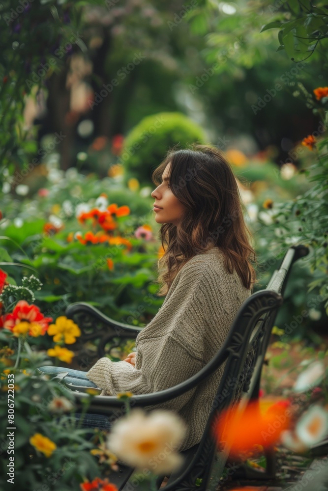 Casual woman enjoying a peaceful moment on a park chair, front view, surrounded by lush greenery and vibrant flower beds Casual woman enjoying a peaceful moment on a park chair, front view, surrounded by lush greenery and vibrant flower beds