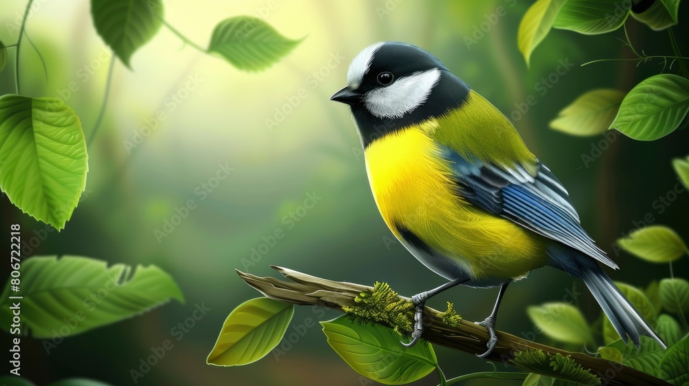 Naklejka premium Vibrant Great Tit, Parus Major, Perched Amidst Nature'S Beauty, Adding A Splash Of Color To The Scene, Cartoon Background