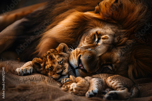 Löwe kuschelt mit seinen Jungen, Tierfotografie, erstellt mit generativer KI photo