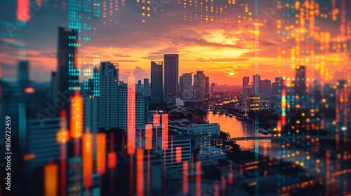 Market behavior graph hologram  sunset panoramic city view of Bangkok  popular location to achieve financial degree in Southeast Asia. The concept of financial data analysis. Double exposure.