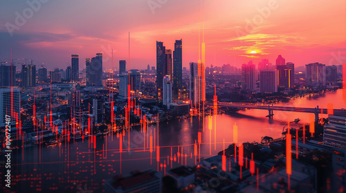 Market behavior graph hologram, sunset panoramic city view of Bangkok, popular location to achieve financial degree in Southeast Asia. The concept of financial data analysis. Double exposure. © Wasin Arsasoi