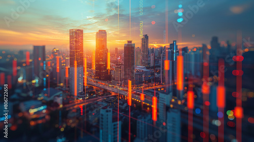Market behavior graph hologram, sunset panoramic city view of Bangkok, popular location to achieve financial degree in Southeast Asia. The concept of financial data analysis. Double exposure. photo