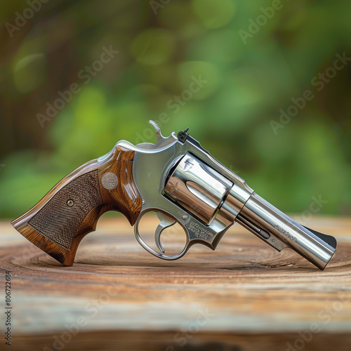 Elegant Revolver on Wooden Background