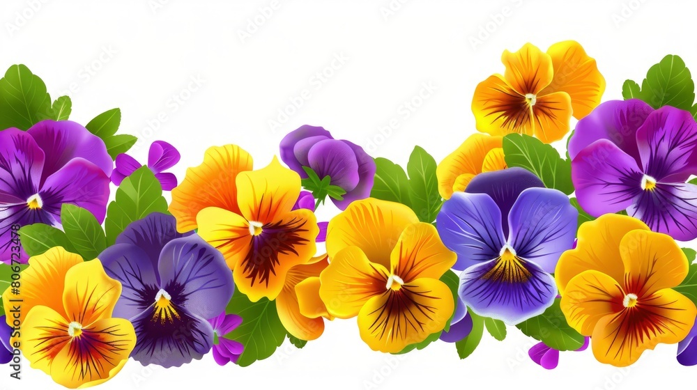 Viola Pansy Flowers Arranged In A Banner, Showcasing The Vibrant Colors Of Spring And Bringing Forth Feelings Of Joy And Vitality, Cartoon Background Viola Pansy Flowers Arranged In A Banner, Showcasing The Vibrant Colors Of Spring And Bringing Forth Feelings Of Joy And Vitality, Cartoon Background