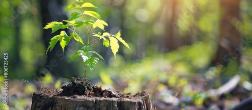 Young tree seedlings grow from old trees that have been cut in the forest photo