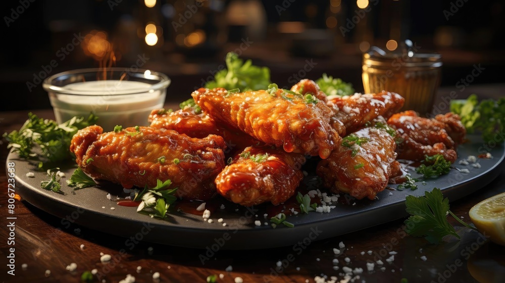 Buffalo wings with melted hot sauce on a wooden table with a blurred background Buffalo wings with melted hot sauce on a wooden table with a blurred background