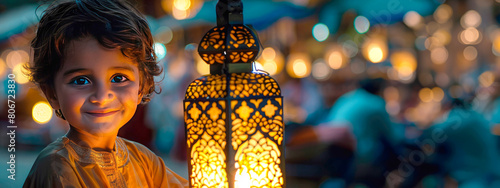 Little smiling Arab boy in traditional Muslim clothing holds a lit lantern celebrating Ramadan, Eid al-Adha or New Year. Blurred holiday background with lights photo