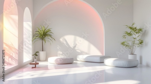 Stylish bright yoga studio with live plants and large windows. White walls and minimalist interior give the space a clean and peaceful feel, perfect for meditation and yoga practice © Jam