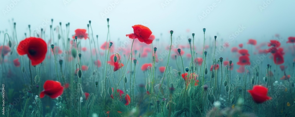 Fototapeta premium View of a field of blooming red poppies during a mist