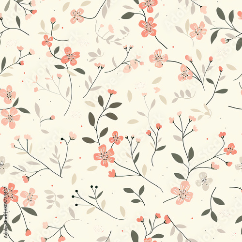 Seamless floral pattern with delicate pastel flowers and leaves on a beige background